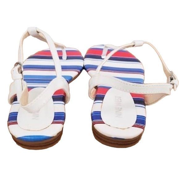 NEW Nine‎ West Leather Zowieo Red White Blue Striped Flat Thong Sandals  SZ 6.5 - Picture 3 of 6
